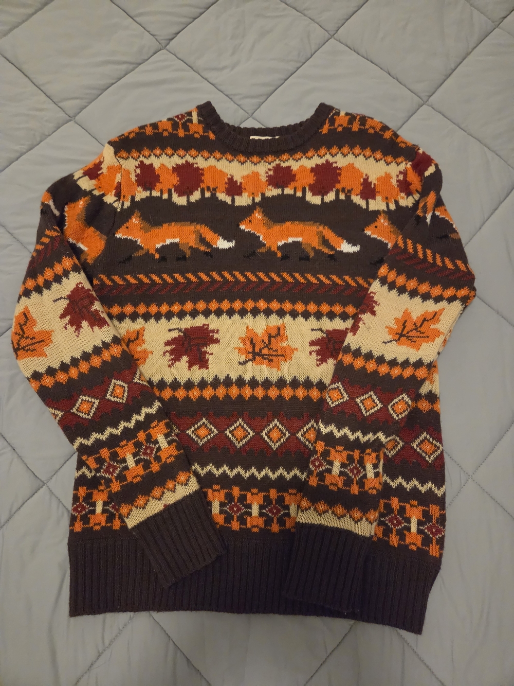 Men's Brown & Orange Fox Pattern Knit Sweater